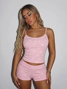 Sweetina Bow Print Camisole Crop Top & Shorts 2 Pieces Set, Casual For Teens - Pink - View 1