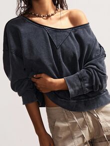 Bohemela Women's Casual Solid Color Knit Crew Neck Loose Washed Sweatshirt Off The Shoulder Sweatshirt Off The Shoulder Long Sleeve In Fall/Winter - Black - View 3