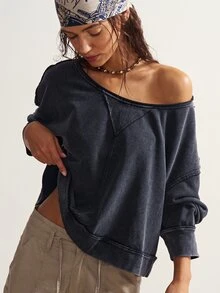 Bohemela Women's Casual Solid Color Knit Crew Neck Loose Washed Sweatshirt Off The Shoulder Sweatshirt Off The Shoulder Long Sleeve In Fall/Winter - Black - View 6