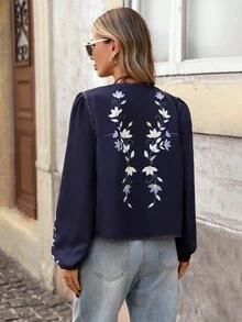 Brillora 藍色花卉刺繡開襟短夾克，波希米亞風，泡泡袖對比飾邊，百搭度假旅行外套，女款冬季大衣，秋冬款 - 藍色 - 查看 2