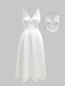SHEIN MOD Plus Size Women White Satin Faux Pearl Chain Decor Backless Mid-Length Dress,Spring /Summer Outfits - White - View 2