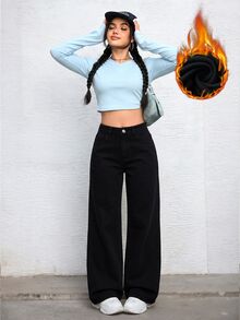 Jeanoix 女款鈕扣半開襟雙口袋休閒寬鬆寬腿牛仔長褲 - 黑色 - 查看 6