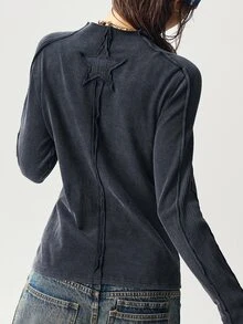 Bohemela Camiseta de manga larga de punto lavado de unicolor casual para mujer - Negro - Ver 8