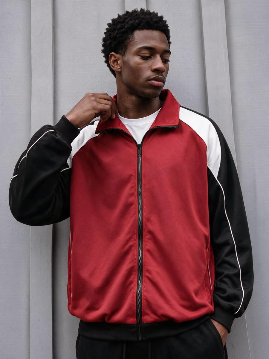Sport MetroGents Men's Contrast Color Patchwork Casual Sports Jacket - Burgundy - View 1