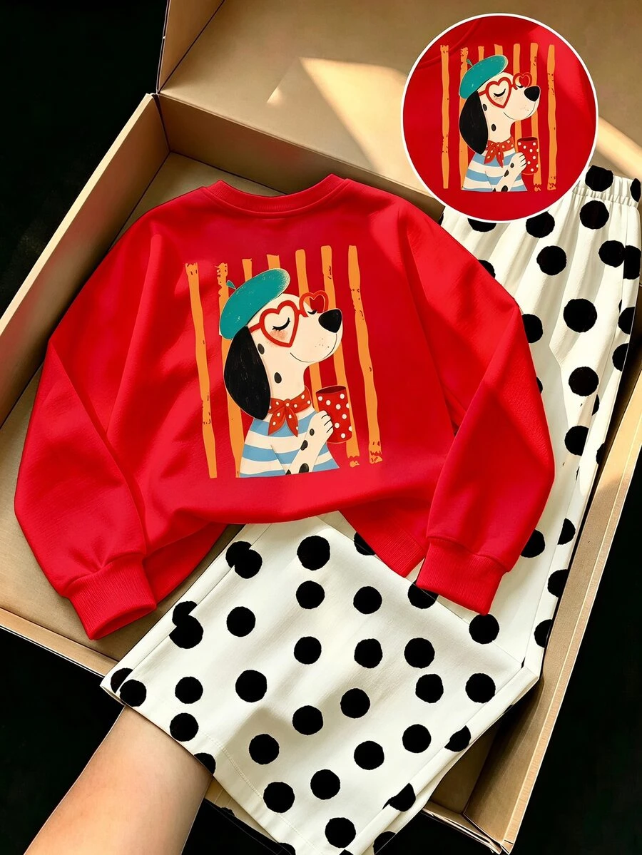SHEIN Elladie kids 女童紅色寬鬆圓領衛衣，愛心眼鏡卡通小狗圖案，長袖休閒可愛套頭上衣，校園白色波點秋季居家款 - 彩色 - 查看 1