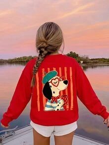 SHEIN Elladie kids 女童紅色寬鬆圓領衛衣，愛心眼鏡卡通小狗圖案，長袖休閒可愛套頭上衣，校園白色波點秋季居家款 - 彩色 - 查看 8