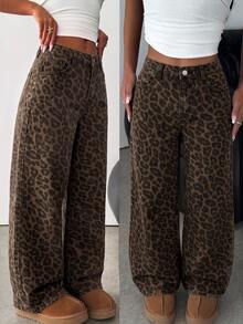 SHEIN Tween Girls' Leopard Print Kids Loose Fit Denim Long Pants - Multicolor - View 5