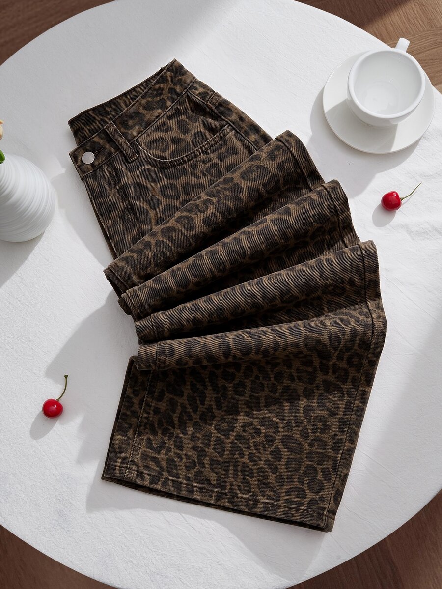 SHEIN Tween Girls' Leopard Print Kids Loose Fit Denim Long Pants - Multicolor - View 1
