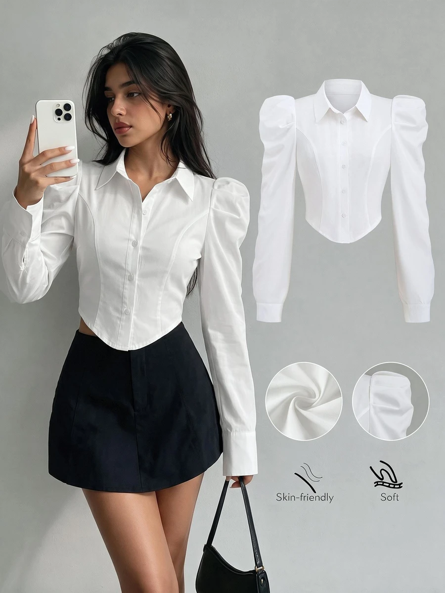 Sweetra Camisa de unicolor con ajuste entallado y mangas gigot, para mujer, primavera/verano, informal - Blanco - Ver 1