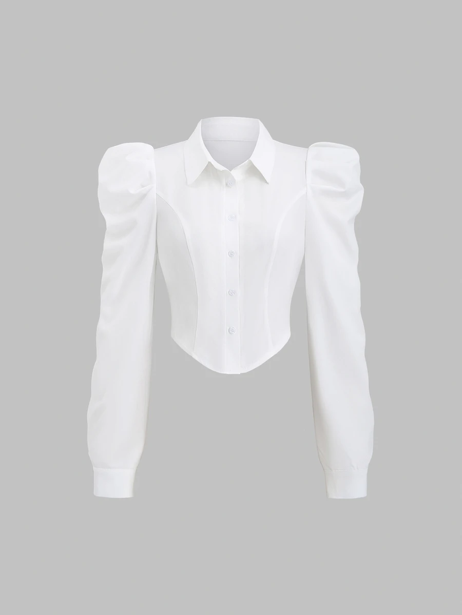 Sweetra Camisa de unicolor con ajuste entallado y mangas gigot, para mujer, primavera/verano, informal - Blanco - Ver 1