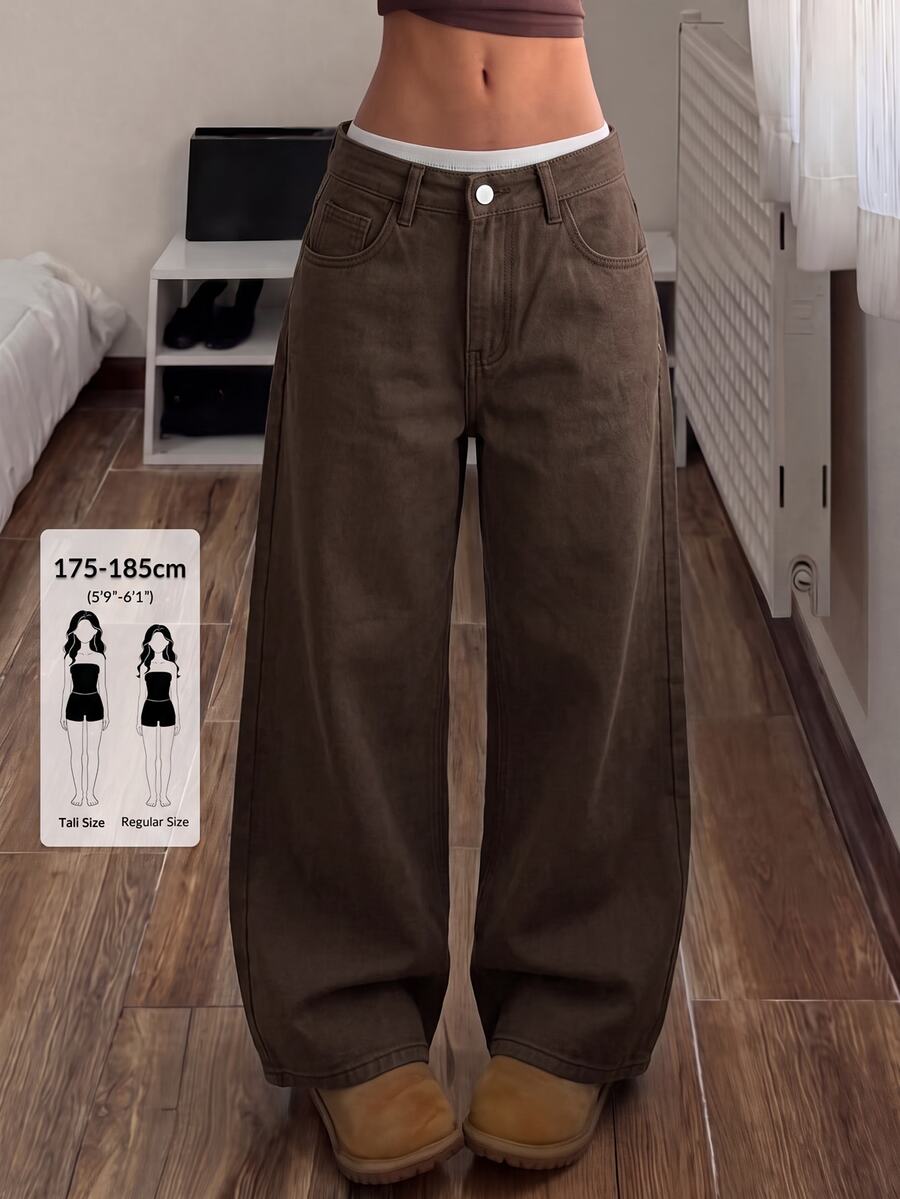SHEIN Tall 女款寬腿寬鬆休閒百搭牛仔褲,附口袋 - 棕色 - 查看 1