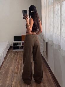 SHEIN Tall 女款寬腿寬鬆休閒百搭牛仔褲，附口袋 - 棕色 - 查看 2