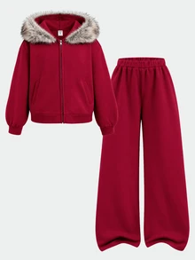 SHEIN Tween女孩秋冬長款紅色抓絨運動衫外套套裝 2件組 休閒日常 節日返校兒童款 - 紅色 - 查看 3