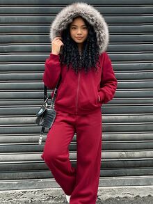 SHEIN Tween女孩秋冬長款紅色抓絨運動衫外套套裝 2件組 休閒日常 節日返校兒童款 - 紅色 - 查看 6