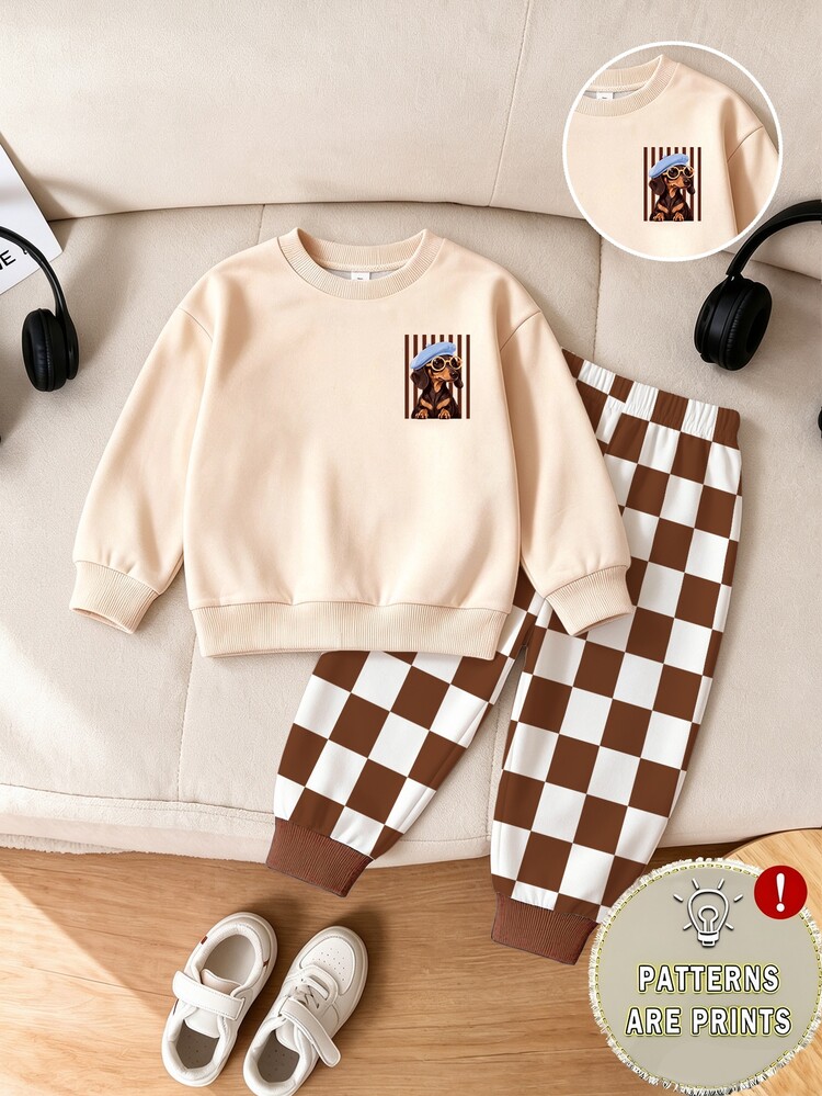 SHEIN Infant Sweatshirt And Sweatpants Set, Autumn/Winter Thermal Lined, Striped Hooded With Cute Cartoon Illustration Print, Red Plaid Long Pants - Green - View 3