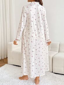 Slowluna Đầm bầu tay dài phong cách nữ tính, họa tiết hoa nhí, cổ đứng, viền bèo, phối ren tương phản, mặc thường ngày cho mùa thu - trắng - Xem 8
