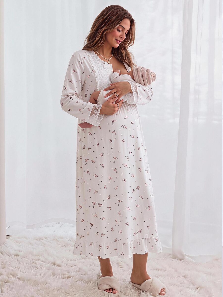 Slowluna Maternity Ditsy Floral Frill Trim Stand Collar Contrast Lace Casual Girlish Long Sleeve Dress Fall - White - View 1