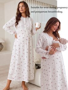 Slowluna Đầm bầu tay dài phong cách nữ tính, họa tiết hoa nhí, cổ đứng, viền bèo, phối ren tương phản, mặc thường ngày cho mùa thu - trắng - Xem 1
