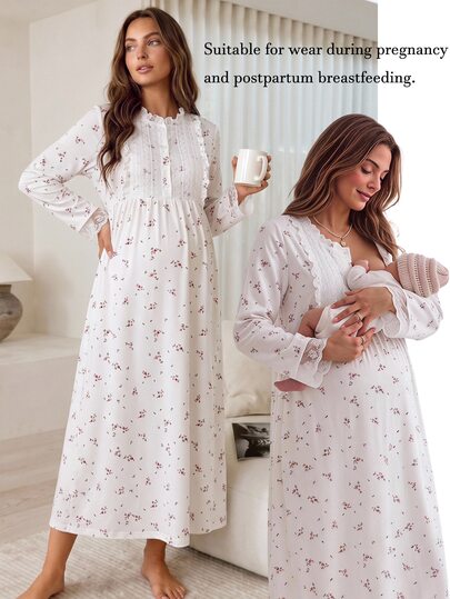 SHEIN Maternity Ditsy Floral Frill Trim Stand Collar Contrast Lace Casual Girlish Long Sleeve Dress Fall
