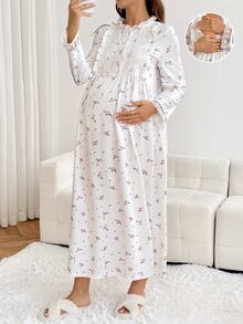 Slowluna Đầm bầu tay dài phong cách nữ tính, họa tiết hoa nhí, cổ đứng, viền bèo, phối ren tương phản, mặc thường ngày cho mùa thu - trắng - Xem 9