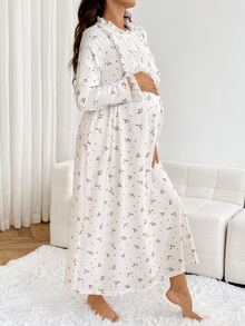 Slowluna Đầm bầu tay dài phong cách nữ tính, họa tiết hoa nhí, cổ đứng, viền bèo, phối ren tương phản, mặc thường ngày cho mùa thu - trắng - Xem 7