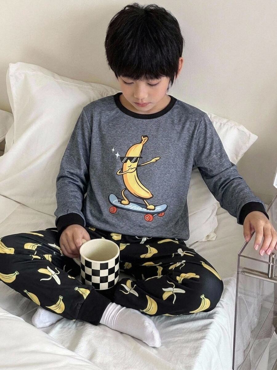 SHEIN 2pcs Kids Tween Boy Casual Daily Comfortable Printed Pattern Crew Neck Pullover Pajama Autumn Top & Long Pants Knit Loungewear Snug Fit Set - Black - View 1