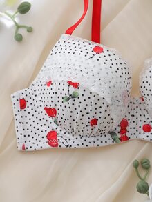 DelicateAllure Red Underwire Molded Cup High Support Push-Up Lift Lace Patchwork Ruffle Hem All-Over Print Polka Dot Cherry Print Sweet Cute Women's Bra - Red - View 3