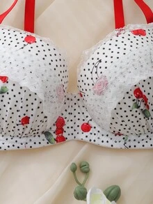 DelicateAllure Red Underwire Molded Cup High Support Push-Up Lift Lace Patchwork Ruffle Hem All-Over Print Polka Dot Cherry Print Sweet Cute Women's Bra - Red - View 6