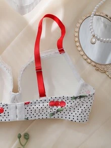 DelicateAllure Red Underwire Molded Cup High Support Push-Up Lift Lace Patchwork Ruffle Hem All-Over Print Polka Dot Cherry Print Sweet Cute Women's Bra - Red - View 5