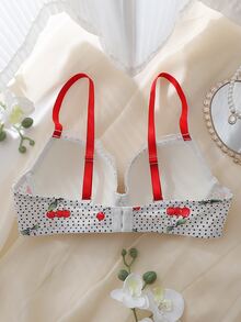 DelicateAllure Red Underwire Molded Cup High Support Push-Up Lift Lace Patchwork Ruffle Hem All-Over Print Polka Dot Cherry Print Sweet Cute Women's Bra - Red - View 2