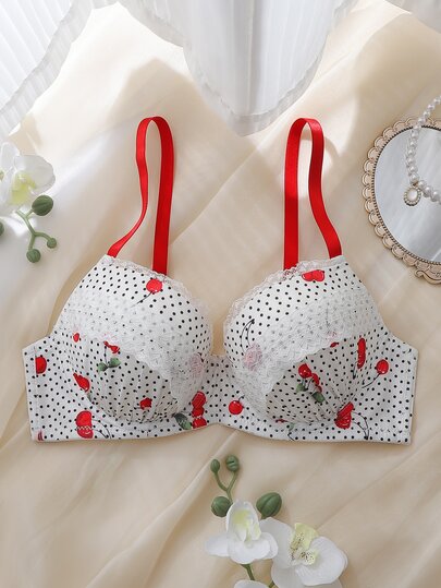DelicateAllure Red Underwire Molded Cup High Support Push-Up Lift Lace Patchwork Ruffle Hem All-Over Print Polka Dot Cherry Print Sweet Cute Women's Bra