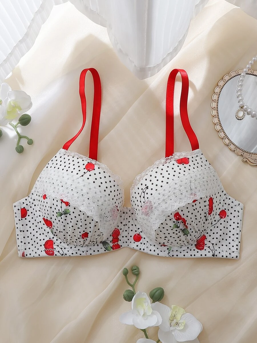 DelicateAllure Red Underwire Molded Cup High Support Push-Up Lift Lace Patchwork Ruffle Hem All-Over Print Polka Dot Cherry Print Sweet Cute Women's Bra - Red - View 1