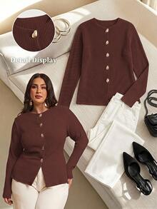 SHEIN BAE Plus Size Women Solid Color Long Sleeve Metal Single-Breasted Top Fall - Mocha Brown - View 7