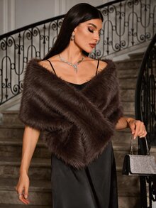 Allurite Women's Solid Color Toca Faux Fur Cape, Winter,Party Dinner Big Dark Brown Fur Cape For Holiday Party Clothes Elegant - Coffee Brown - View 8