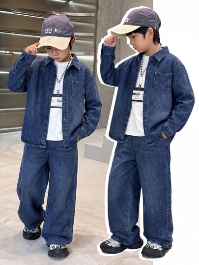 SHEIN Little Byeori 2Pcs Tween Boy Denim Kids Loose-Fitting Comfortable And Simple Shirt And Loose-Fitting Comfortable Jean