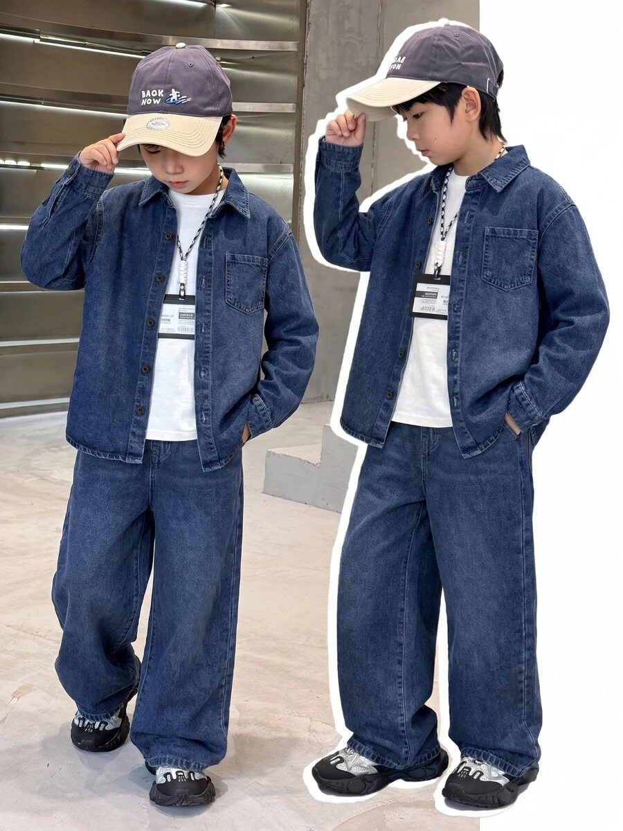 SHEIN Little Byeori 2Pcs Tween Boy Denim Kids Loose-Fitting Comfortable And Simple Shirt And Loose-Fitting Comfortable Jean - Blue - View 1