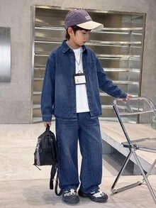 SHEIN Little Byeori 2Pcs Tween Boy Denim Kids Loose-Fitting Comfortable And Simple Shirt And Loose-Fitting Comfortable Jean - Blue - View 3