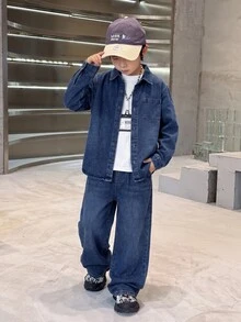 SHEIN Little Byeori 2Pcs Tween Boy Denim Kids Loose-Fitting Comfortable And Simple Shirt And Loose-Fitting Comfortable Jean - Blue - View 4