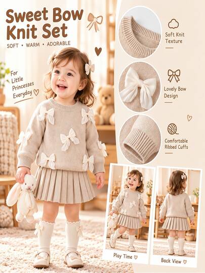 SHEIN Playful Pals Baby Girl Bow Decor Sweater And Pleated Skirt Set,Khaki,Autumn,Kawaii,Family Matching Knitwear Beige Toddler Winter Dress Abaya Outfit Sets Pullover