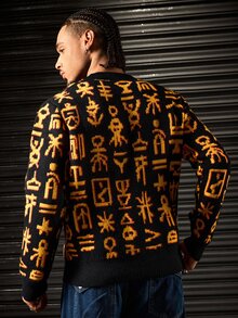 ROMWE MEN Men's Crew Neck Long Sleeve Flame Pattern Jacquard Knit Sweater - Black - View 3