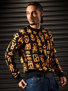ROMWE MEN Men's Crew Neck Long Sleeve Flame Pattern Jacquard Knit Sweater - Black - View 6