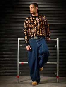 ROMWE MEN Men's Crew Neck Long Sleeve Flame Pattern Jacquard Knit Sweater - Black - View 9