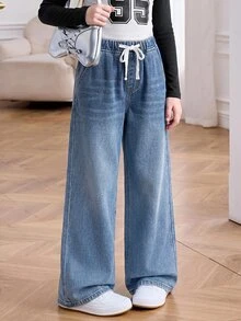 SHEIN Tween Girls Autumn/Winter Blue Denim Fleece Lined Loose Long Pants Winter Back To School Soft And Warm - Medium Wash - View 4
