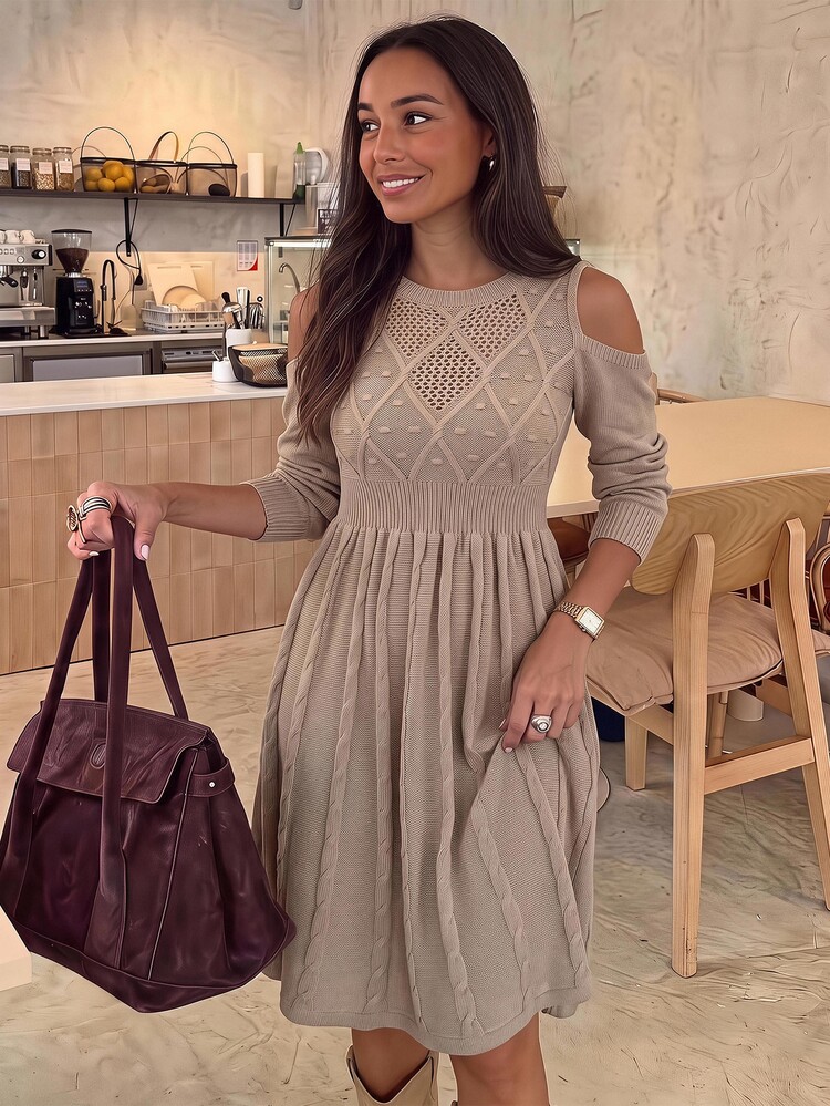 Brillora Women's Casual Vacation Loose Round Neck Thick Knit Dress, With Waist Design, Flared Hem And Cuffs, Autumn/Winter Style - Apricot - View 11