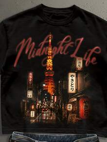 StoneGrade Japanese Retro Tokyo Tower Night View Fashion Print Men's Black Plus Size Cropped Loose Fit Short Sleeve T-Shirt - Black - View 2