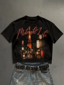StoneGrade Japanese Retro Tokyo Tower Night View Fashion Print Men's Black Plus Size Cropped Loose Fit Short Sleeve T-Shirt - Black - View 1