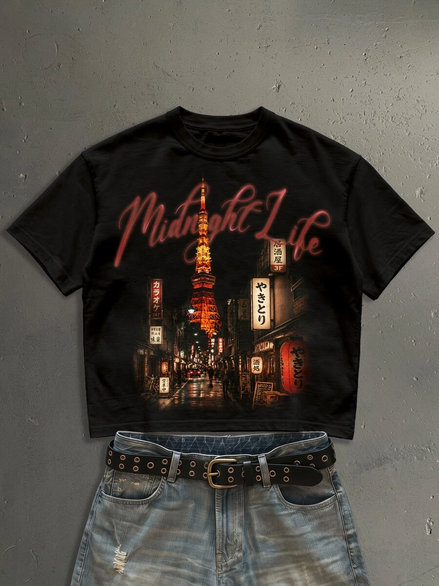 StoneGrade Japanese Retro Tokyo Tower Night View Fashion Print Men's Black Plus Size Cropped Loose Fit Short Sleeve T-Shirt - Black - View 1