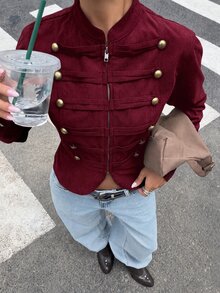 Muchica 女款純色鉚釘裝飾拉鍊休閒百搭日常旅行長袖夾克 - 酒紅色 - 查看 3