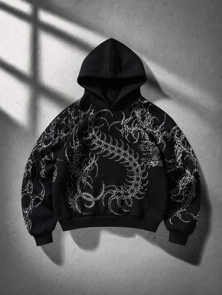 ROMWE MEN Men's Centipede Pattern Casual Daily Wear Hoodie - Black - View 5
