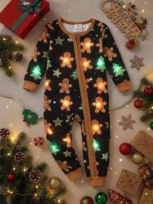 SHEIN Infant Christmas Contrast Color Realistic Cookie Print Fitted One-Piece Pajamas, Footed Long Sleeve Jumpsuit - Multicolor - View 1